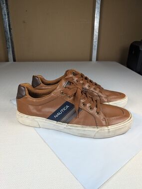 Nautica Brown Leather Sneakers Men’s Casual Shoes Size 10 Lace Up Low Top